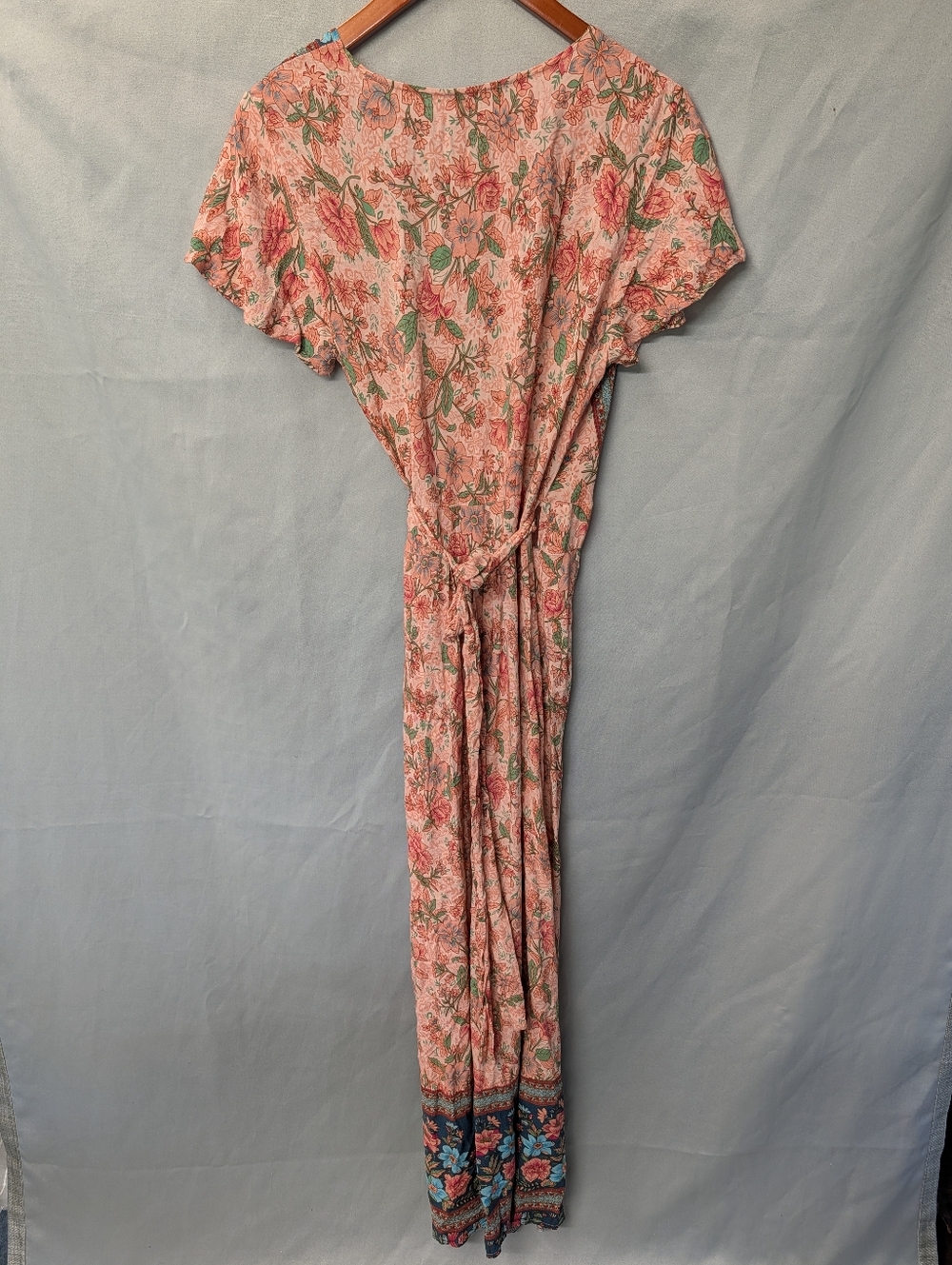 Bohemian Peach Floral Wrap And Tie Maxi Dress with Contrasting Border Size L - Picture 12 of 16